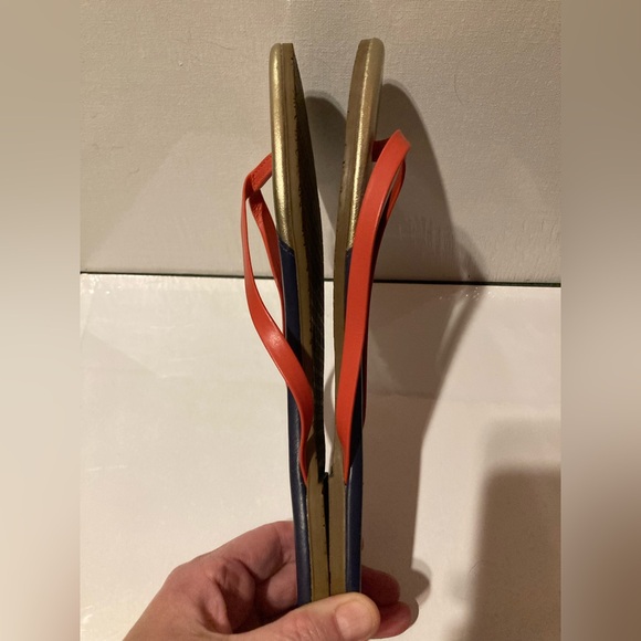 Tkees Sandals Womens Size 8 Leather Contours Colorblock Navy, Gold, Orange - Picture 7 of 8